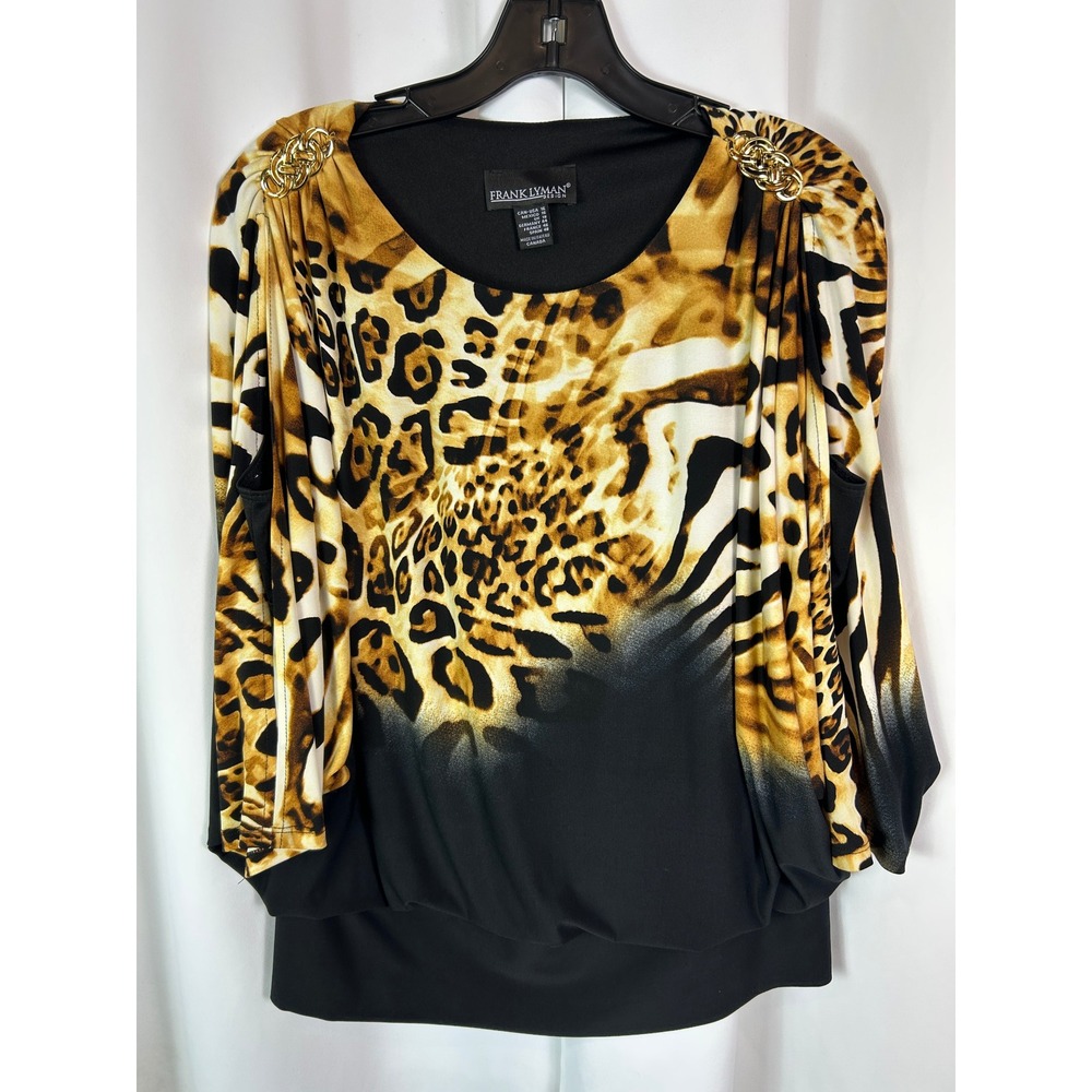 Frank Lyman Leopard Animal Print Gold Chain Cold Shoulder Draped Top Size 16